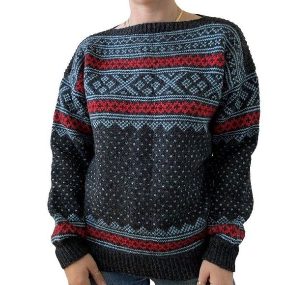Vintage Womens Hand Knit Gray 100% Wool Norwegian Fair Isle Birdseye Sweater XL - Picture 1 of 6